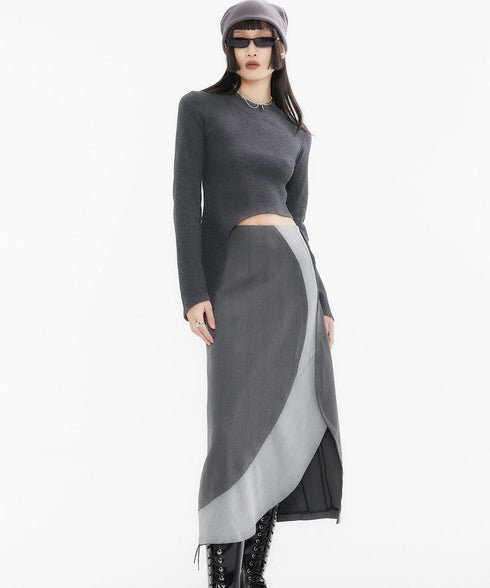 Asymmetric Plaid Sleeve Knit Top